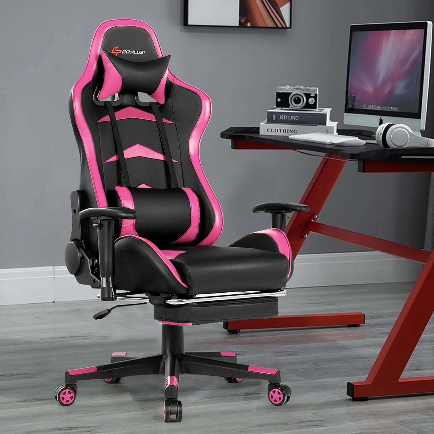 Goplus Office Massage Gaming Chair Reclining Swivel Racing with Footrest Pink