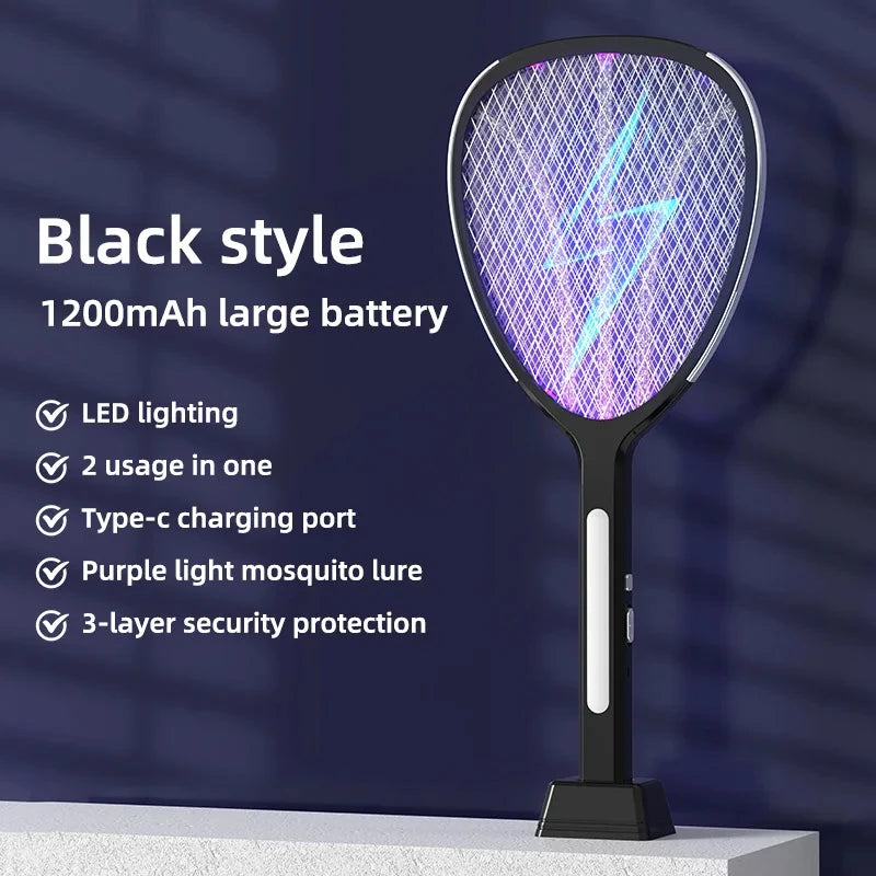 3 in 1 Widening of the Power Grid Electric Mosquito Swatter 3000V C-Type Charging Mosquito and Fly Killer