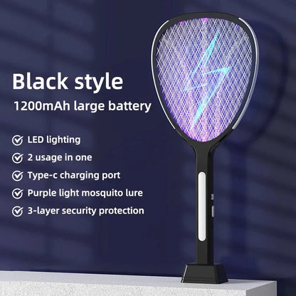 3 in 1 Widening of the Power Grid Electric Mosquito Swatter 3000V C-Type Charging Mosquito and Fly Killer