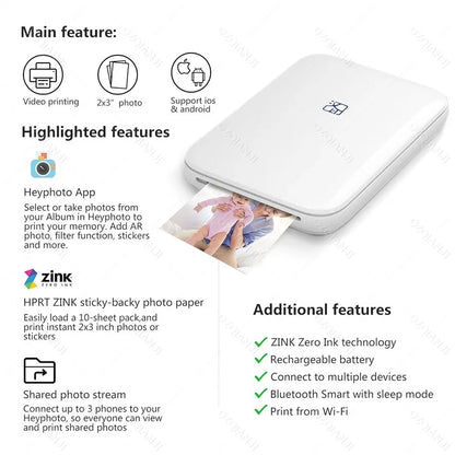 HPRT MT53 Portable Mni Mobile Pocket Printer BT Wireless Photo Printer with Zink Technology 2X3 Inch Color Photo Printer Maker