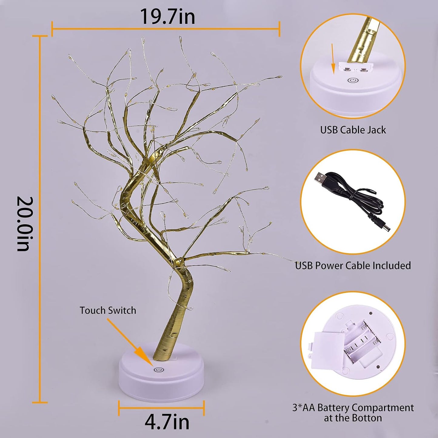 Christmas Tree with Fairy Lights 108-LED, Battery/Usb Operated, DIY Artificial Bonsai Light Tree Lamp Decoration for Gift Home Wedding Holiday (108 Led-Naked Lamp-Warm White)