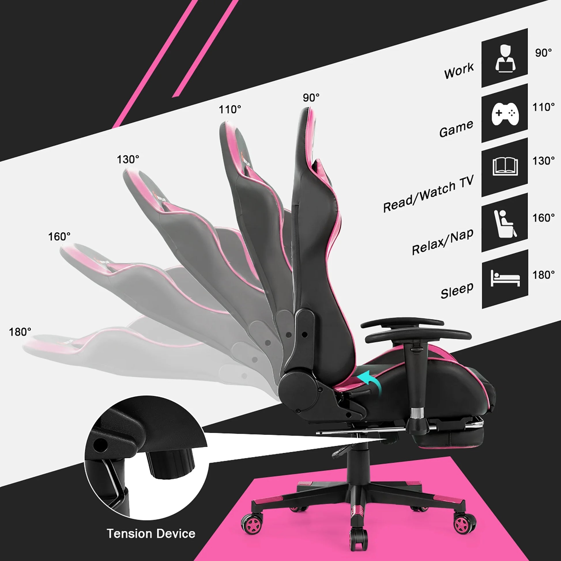 Goplus Office Massage Gaming Chair Reclining Swivel Racing with Footrest Pink